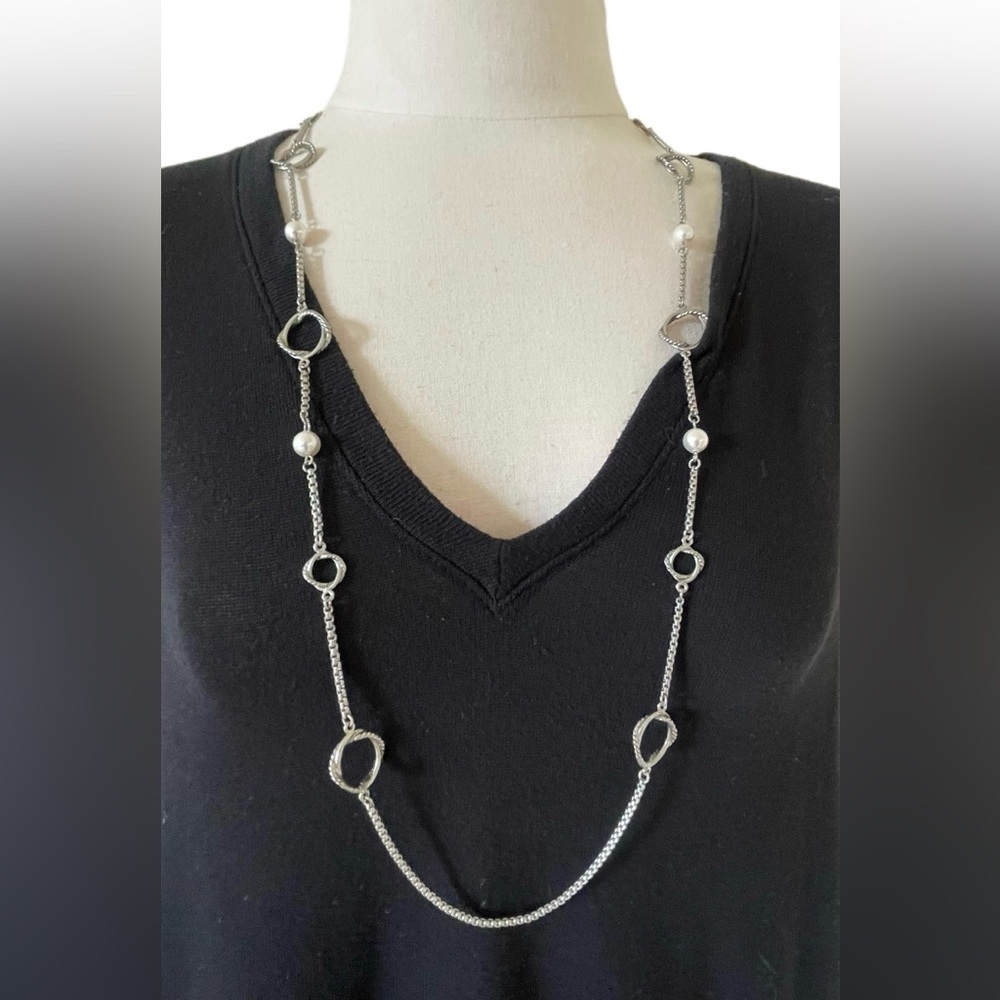 Long Silver Necklace Circle Oval & Pearl Chain Lobster Retro BoHo Soft Girl